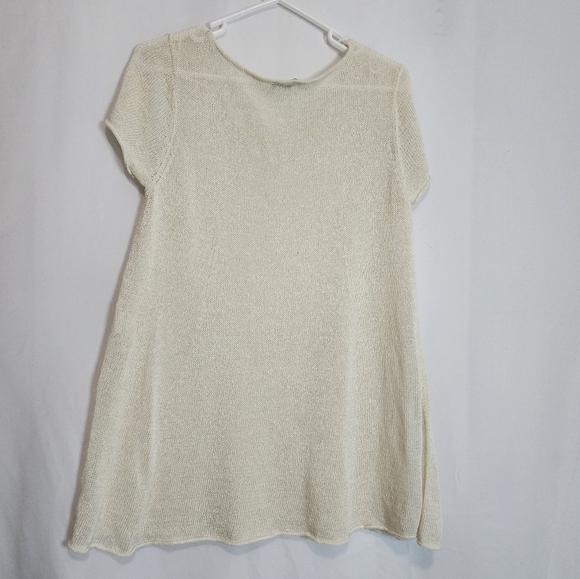 Eileen Fisher Cream Short Sleeve Knit / Mesh Linen Top - Picture 9 of 12